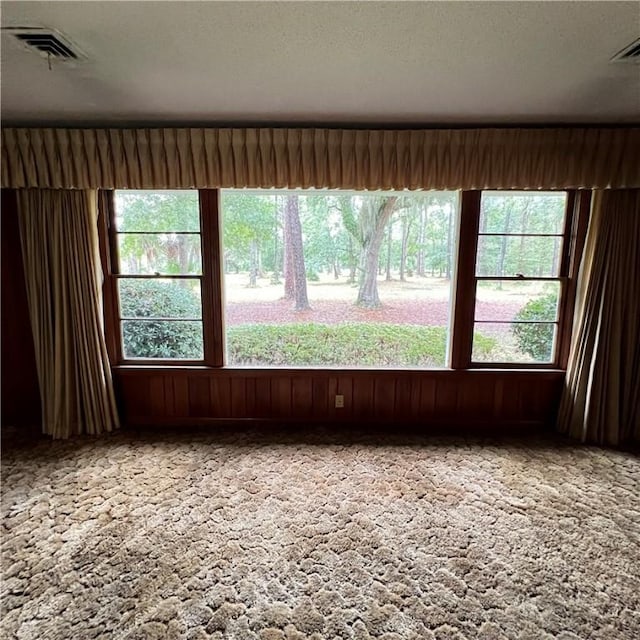 spare room with wooden walls, visible vents, and a wealth of natural light