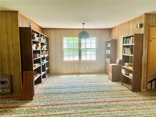 interior space featuring carpet flooring, wood walls, and heating unit