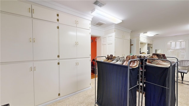 kitchen featuring white cabinetry and crown molding