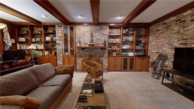 living room featuring beam ceiling, light colored carpet, and brick wall