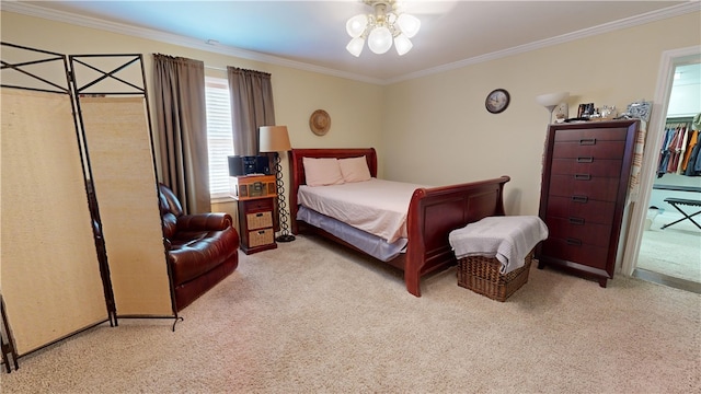 bedroom featuring light colored carpet and ornamental molding