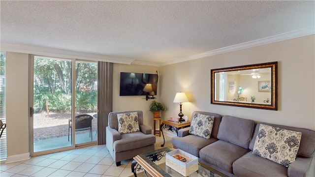 tiled living room featuring a textured ceiling and crown molding