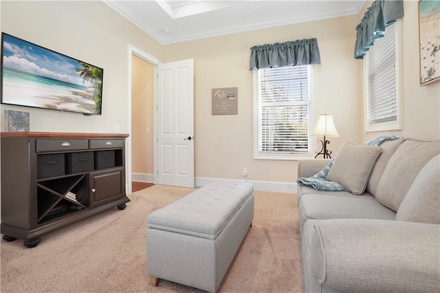 carpeted living area with baseboards and crown molding