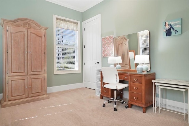 office space with carpet floors, baseboards, and ornamental molding