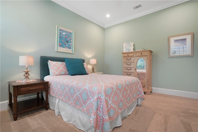 carpeted bedroom with recessed lighting, visible vents, crown molding, and baseboards