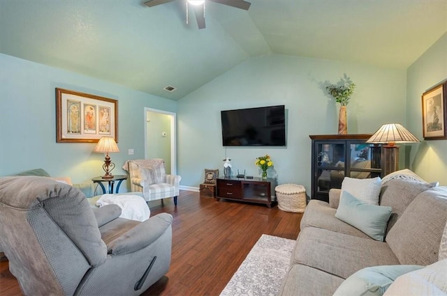 living area featuring lofted ceiling, dark wood-style floors, ceiling fan, and visible vents