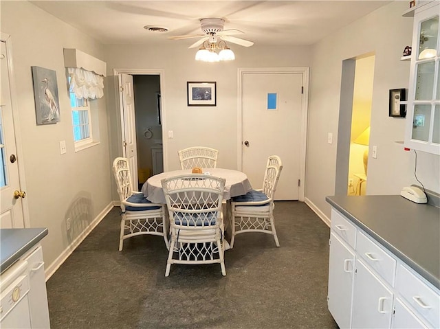 dining area with baseboards, visible vents, and ceiling fan