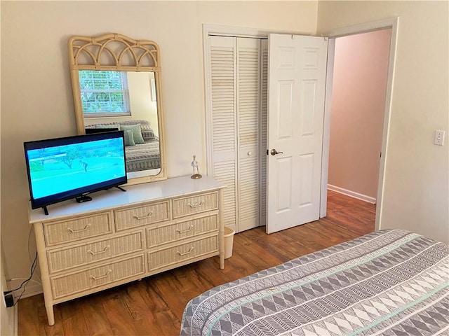 bedroom with wood finished floors and a closet