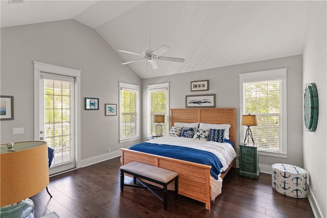 1073 Demere Rd, Saint Simons Island, GA 31522 - bedroom featuring vaulted ceiling, access to exterior, multiple windows, hardwood / wood-style floors, and baseboards