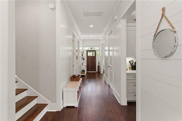 1073 Demere Rd, Saint Simons Island, GA 31522 - hallway with hardwood / wood-style flooring, ornamental molding, baseboards, recessed lighting, and stairway