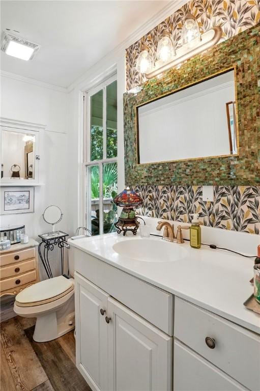 604 Union St, Brunswick, GA 31520 - bathroom featuring vanity, crown molding, and wood finished floors