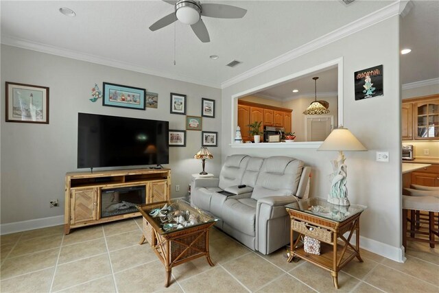 199 Austin Ryan Dr, Kingsland, GA 31548 - living area featuring a ceiling fan, crown molding, baseboards, light tile patterned flooring, and recessed lighting