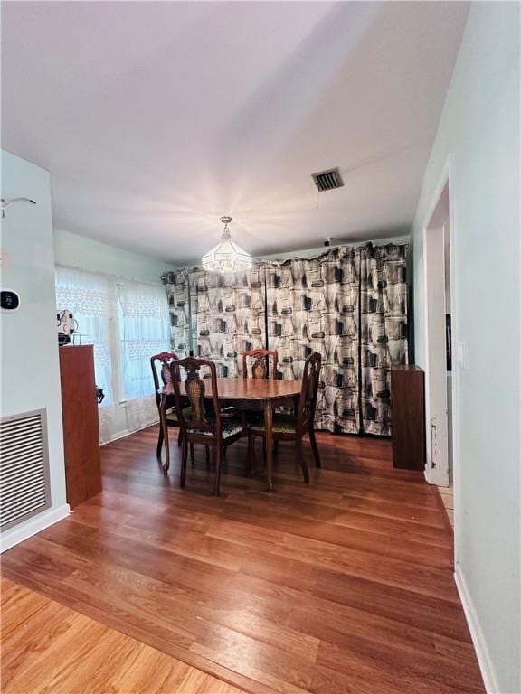 dining area featuring visible vents, baseboards, and wood finished floors