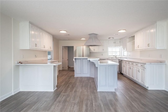 3 Dixon Ln, Blackshear, GA 31516 - kitchen with baseboards, dark wood-style flooring, custom range hood, dishwasher, and a textured ceiling