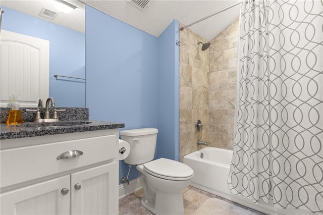 full bath with vanity, toilet, shower / bath combo, and visible vents