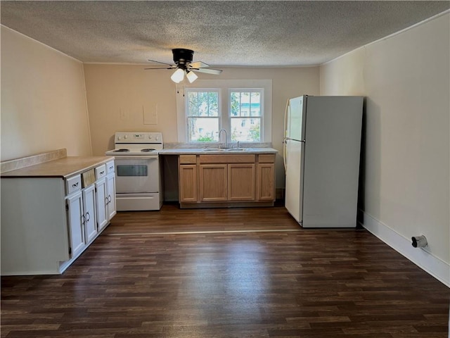 1108 George St, Brunswick, GA 31520 - kitchen with white appliances, a ceiling fan, a textured ceiling, dark wood-type flooring, and light countertops