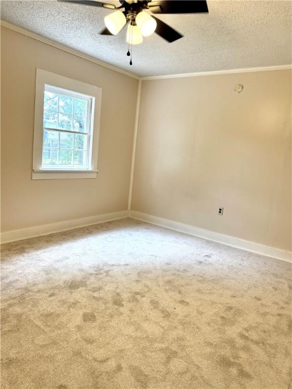 1108 George St, Brunswick, GA 31520 - empty room featuring ornamental molding, a textured ceiling, carpet, and a ceiling fan