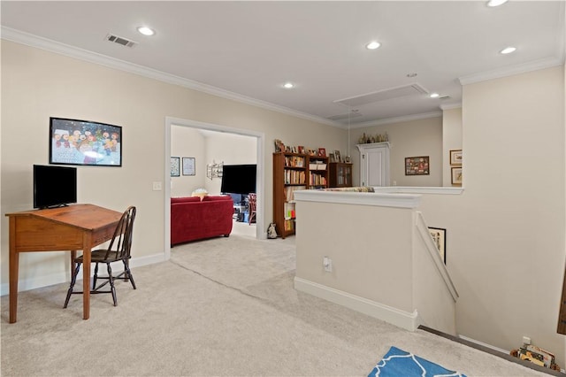 carpeted office space with crown molding