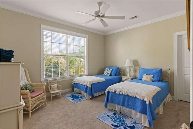 bedroom featuring ceiling fan, multiple windows, ornamental molding, and carpet floors