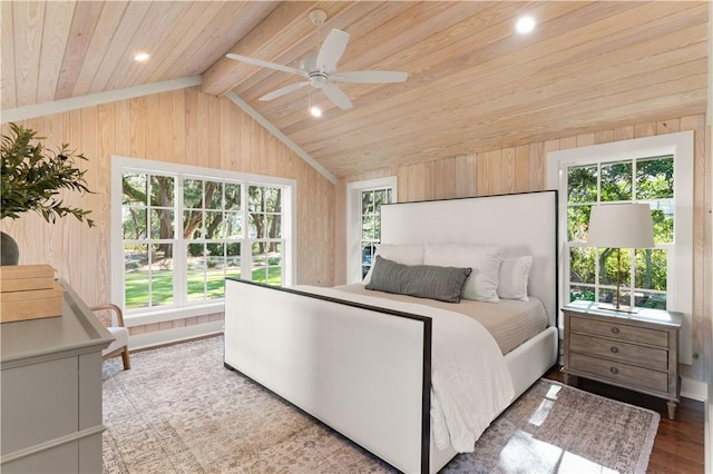 bedroom with ceiling fan, lofted ceiling with beams, wood ceiling, and wooden walls