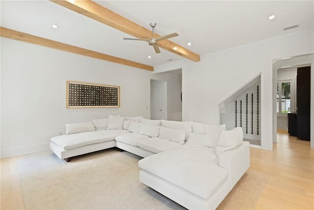 4 Lake View Cottages Ct, Saint Simons Island, GA 31522 - living area featuring beamed ceiling, recessed lighting, ceiling fan, baseboards, and light wood-style flooring