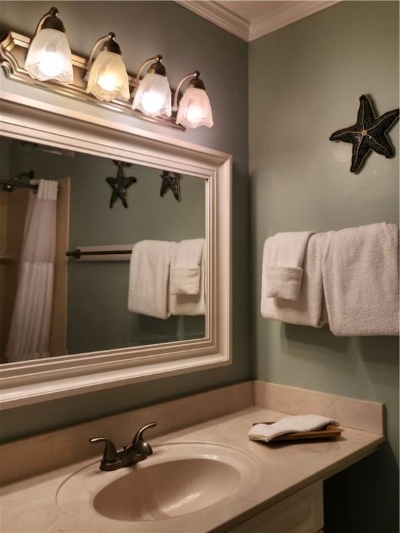 1175 N Beachview Dr Unit 286, Jekyll Island, GA 31527 - bathroom with ornamental molding and vanity
