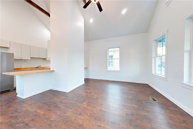 unfurnished living room with high vaulted ceiling, sink, ceiling fan, and dark wood-type flooring