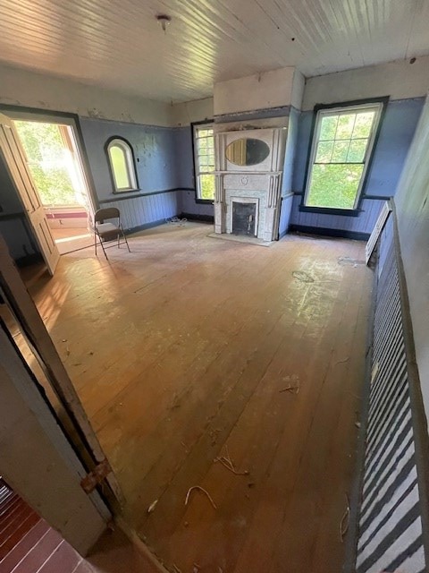 unfurnished living room featuring a fireplace, hardwood / wood-style flooring, and plenty of natural light