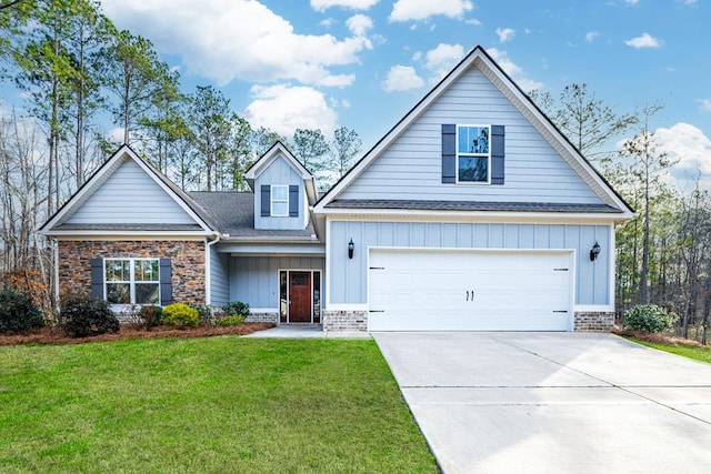 view of front of property with driveway, a garage, a front lawn, board and batten siding, and brick siding