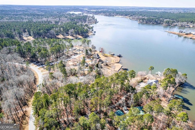 drone / aerial view with a water view and a wooded view
