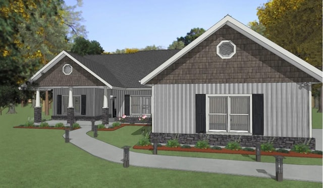 view of front facade featuring a front lawn, board and batten siding, and stone siding