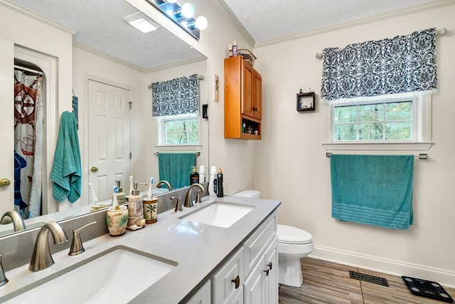 bathroom featuring vanity, a textured ceiling, toilet, and a wealth of natural light