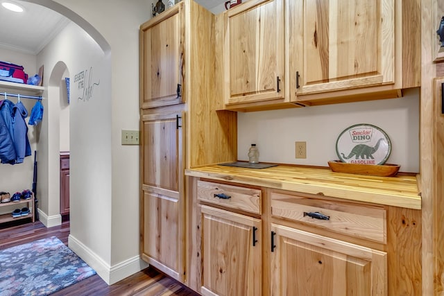 bar with butcher block counters, crown molding, light brown cabinetry, and dark wood-type flooring