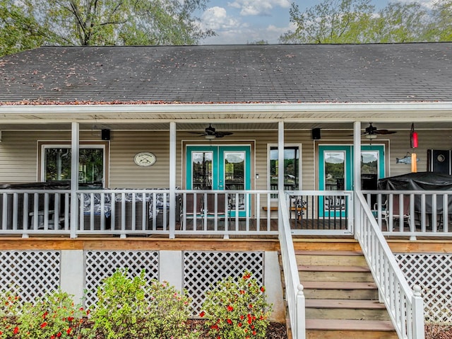 exterior space featuring covered porch and ceiling fan