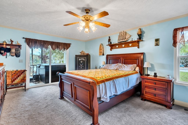 bedroom featuring crown molding, ceiling fan, access to exterior, a textured ceiling, and light colored carpet