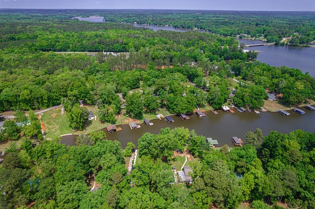 aerial view of property and surrounding area featuring a forest and a large body of water