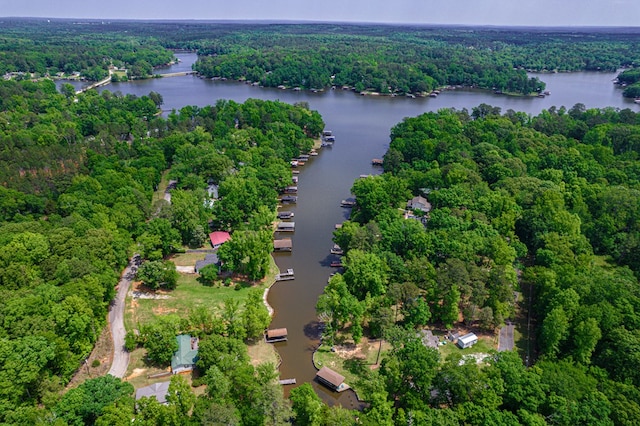 aerial view of a heavily wooded area and a large body of water