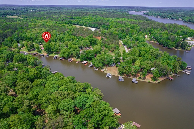 aerial overview of property's location featuring a heavily wooded area and a nearby body of water