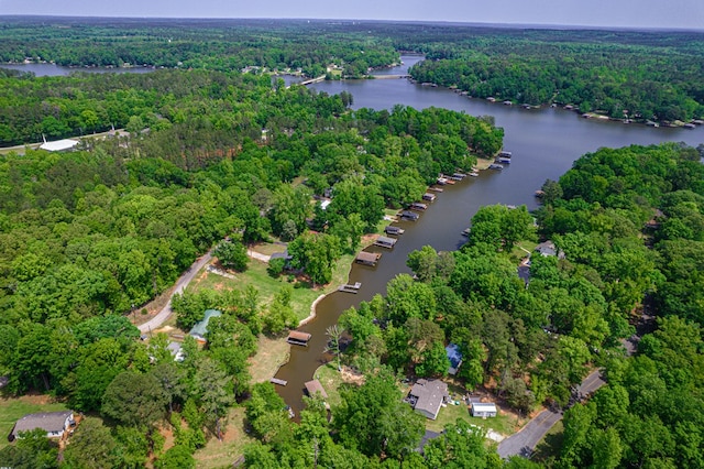 aerial overview of property's location with a heavily wooded area and a nearby body of water