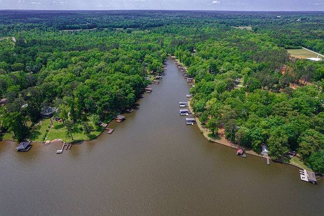 drone / aerial view of a heavily wooded area and a large body of water