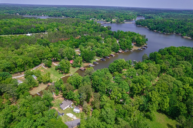 aerial overview of property's location featuring a forest and a large body of water