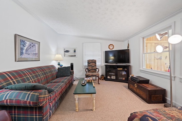 living room with ornamental molding, lofted ceiling, a textured ceiling, carpet flooring, and baseboards
