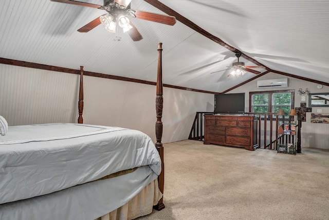 carpeted bedroom featuring lofted ceiling with beams and an AC wall unit