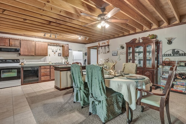 dining room featuring a ceiling fan, wood ceiling, beamed ceiling, and light tile patterned floors