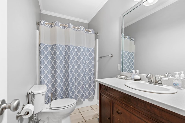 full bath featuring a shower with shower curtain, toilet, ornamental molding, tile patterned floors, and vanity