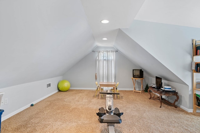 exercise room with lofted ceiling, recessed lighting, carpet floors, visible vents, and baseboards