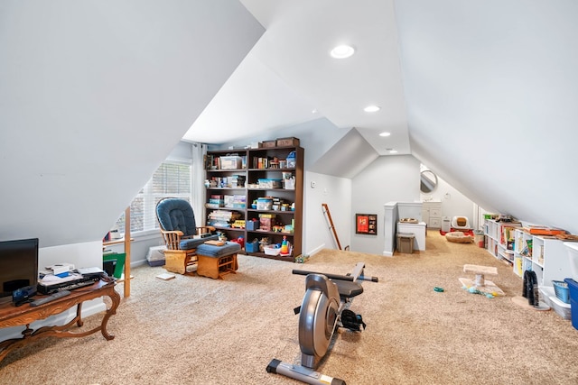 interior space featuring carpet floors, lofted ceiling, and recessed lighting