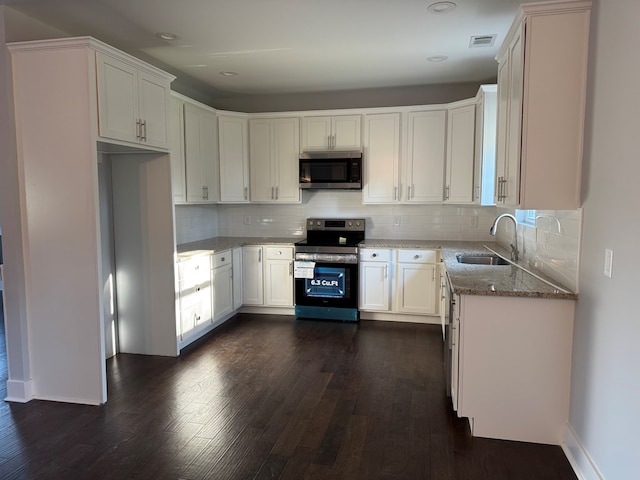 kitchen with sink, light stone counters, dark hardwood / wood-style floors, white cabinets, and appliances with stainless steel finishes