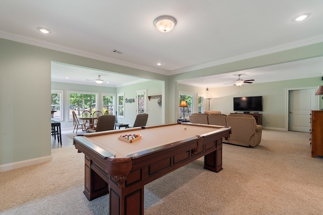 128A Montego Bay Rd, Milledgeville, GA 31061 - playroom featuring light colored carpet, billiards table, crown molding, recessed lighting, and baseboards