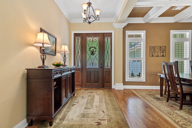 128A Montego Bay Rd, Milledgeville, GA 31061 - entryway with crown molding, a chandelier, light wood-type flooring, baseboards, and beamed ceiling